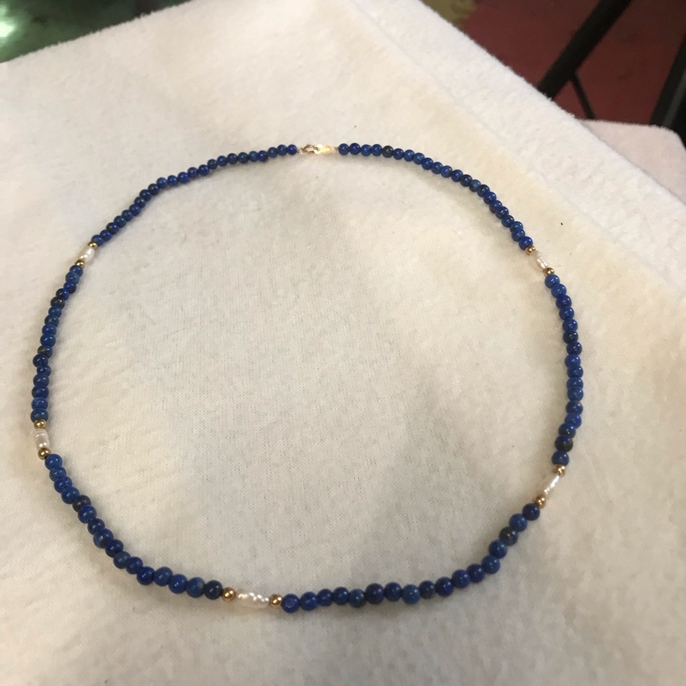 18” Lapis Lazuli and freshwater pearl single strand bead necklace